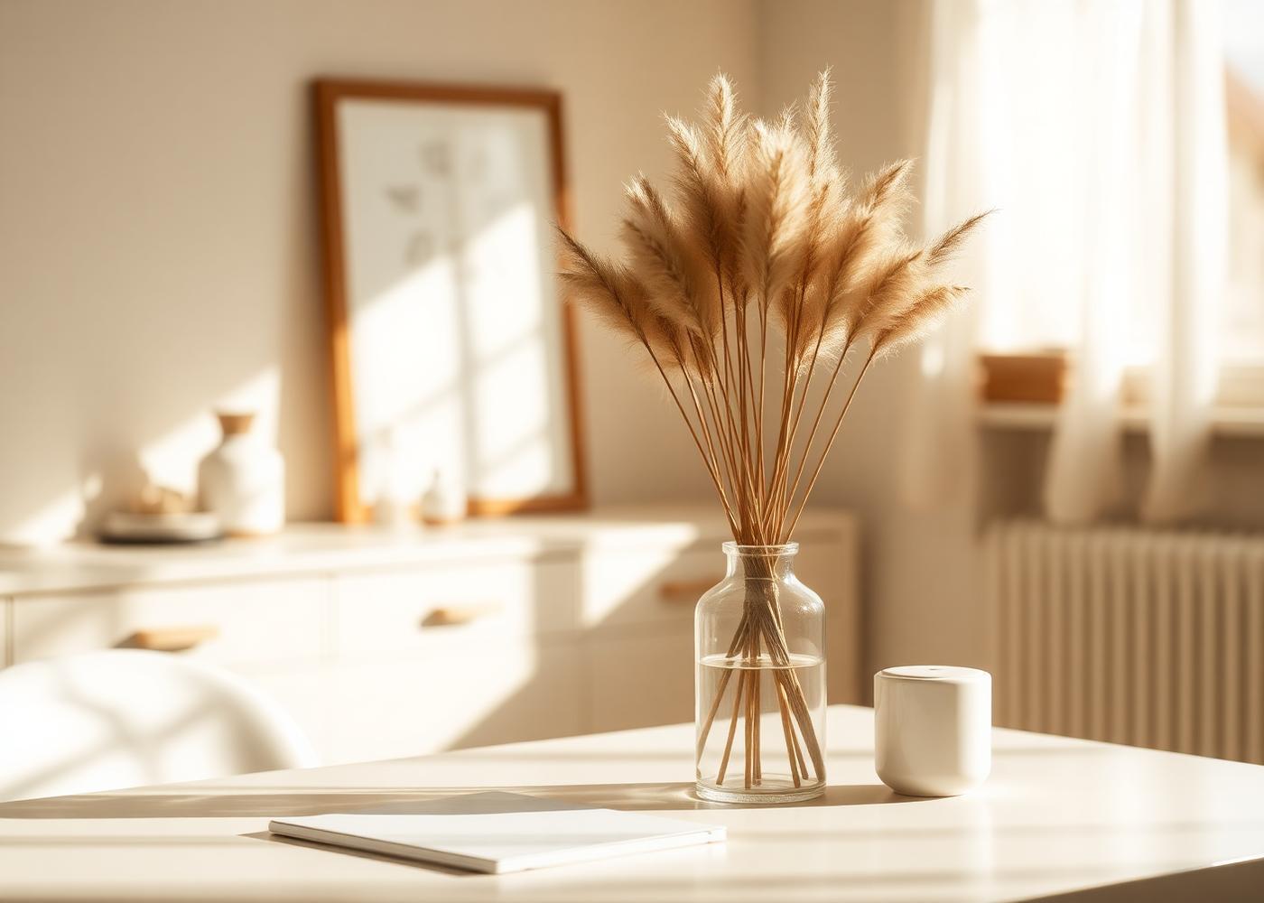 Sunlit minimalist studio interior with dried pampas